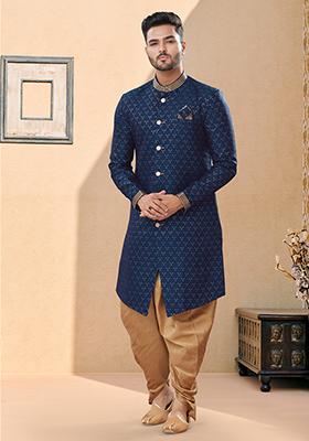 Navy Blue Thread Embroidered Jacquard Indo Western Sherwani Set For Men