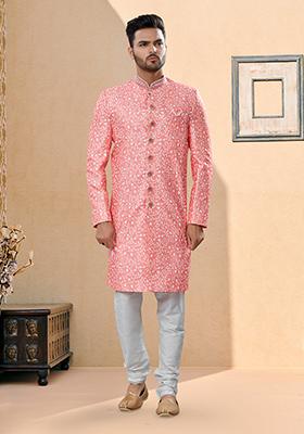 Pink Thread Embroidered Jacquard Indo Western Sherwani Set For Men