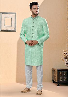 Firozi Pink Thread Embroidered Jacquard Indo Western Sherwani Set For Men