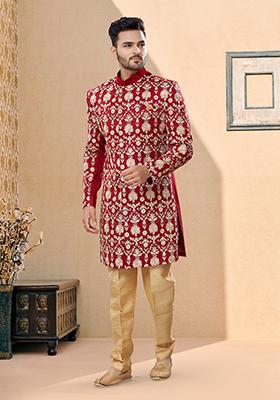 Maroon Thread Embroidered Velvet Indo Western Sherwani Set For Men