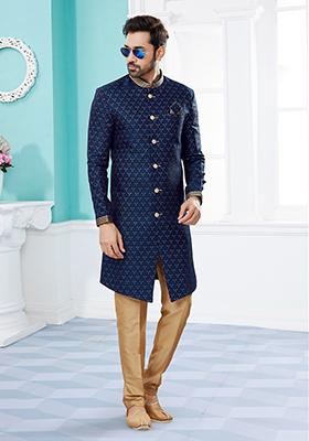 Navy Blue Thread Embroidered Jacquard Indo Western Sherwani Set For Men
