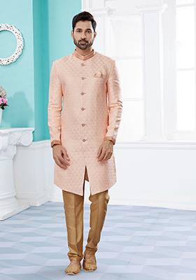 Pink Thread Embroidered Banarasi Indo Western Sherwani Set For Men