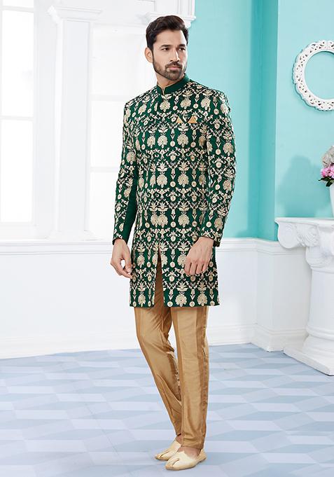 Green  Thread Embroidered Velvet Indo Western Sherwani Set For Men