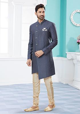 Grey Thread Embroidered Jacquard Indo Western Sherwani Set For Men