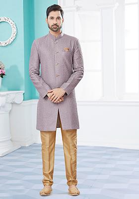 Voilet Printed Jacquard Indo Western Sherwani Set For Men