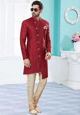 Maroon Thread Embroidered Jacquard Indo Western Sherwani Set For Men