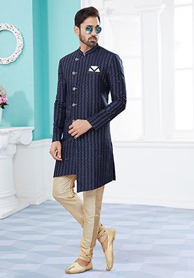 Navy Blue Thread Embroidered Jacquard Indo Western Sherwani Set For Men