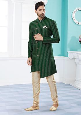 Green Thread Embroidered Jacquard Indo Western Sherwani Set For Men