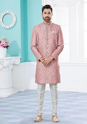 Beige Thread Embroidered Jacquard Indo Western Sherwani Set For Men