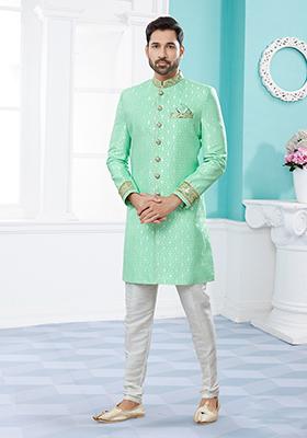 Rama Green Thread Embroidered Jacquard Indo Western Sherwani Set For Men