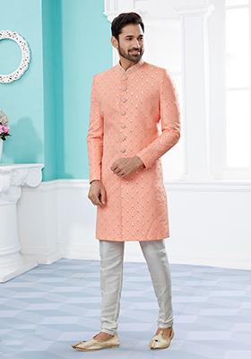 Peach Thread Embroidered Jacquard Indo Western Sherwani Set For Men