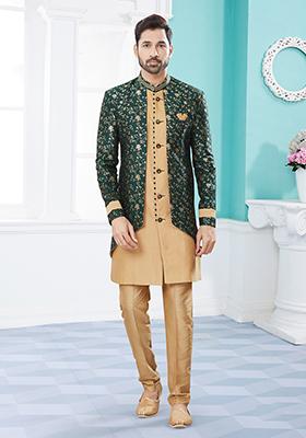 Bottle Green Thread Embroidered Banarasi Indo Western Sherwani Set For Men