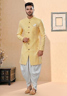 Lemon Yellow Thread Embroidered Banarasi Indo Western Sherwani Set For Men