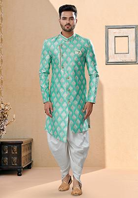 Firozi Pink Thread Embroidered Banarasi Indo Western Sherwani Set For Men