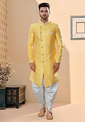 Yellow Thread Embroidered Banarasi Indo Western Sherwani Set For Men