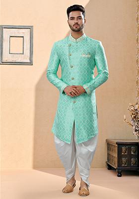 Firozi Pink Thread Embroidered Banarasi Indo Western Sherwani Set For Men