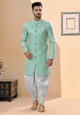 Firozi Pink Thread Embroidered Banarasi Indo Western Sherwani Set For Men