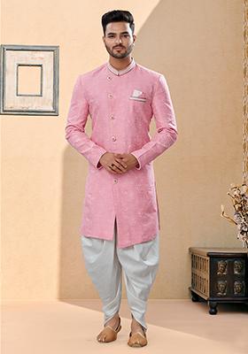 Pink Thread Embroidered Banarasi Indo Western Sherwani Set For Men
