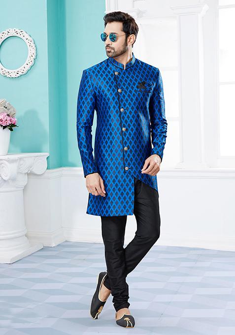 Blue Embroidered Banarasi Indo Western Sherwani Set For Men