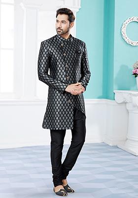 Black Embroidered Banarasi Indo Western Sherwani Set For Men