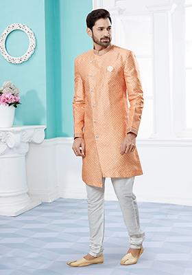 Peach Thread Embroidered Jacquard Indo Western Sherwani Set For Men
