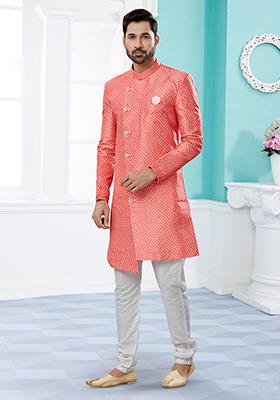Peach Thread Embroidered Jacquard Indo Western Sherwani Set For Men