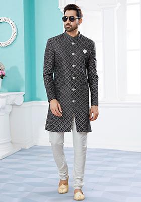Black Thread Embroidered Jacquard Indo Western Sherwani Set For Men