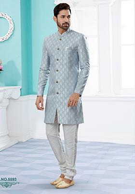 Sky Blue Embroidered Banarasi Indo Western Sherwani Set For Men