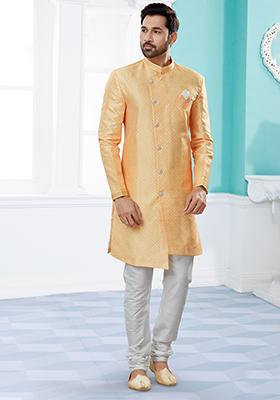 Yellow Thread Embroidered Jacquard Indo Western Sherwani Set For Men