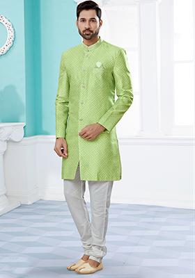Green Thread Embroidered Jacquard Indo Western Sherwani Set For Men