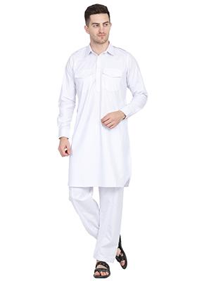 White Solid Cotton Kurta Set For Men