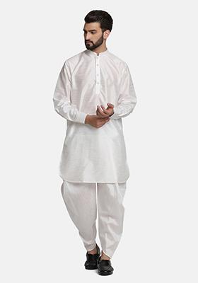 White Solid Dupion Kurta Set For Men
