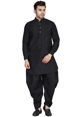 Black Solid Dupion Kurta Set For Men