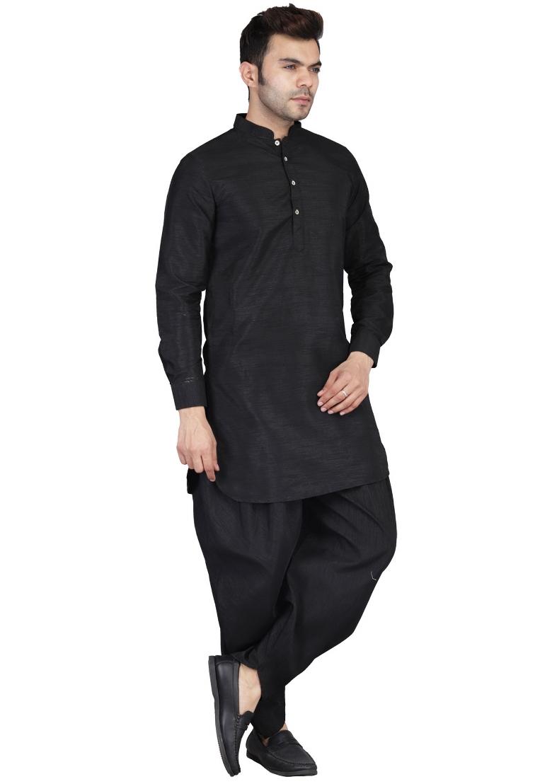 Black Solid Dupion Kurta Set For Men - Indya