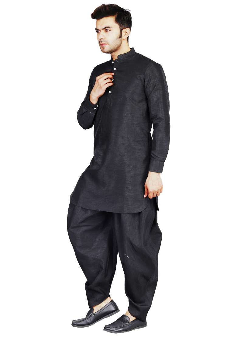 Black Solid Dupion Kurta Set For Men - Indya