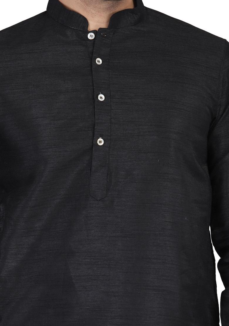 Black Solid Dupion Kurta Set For Men - Indya