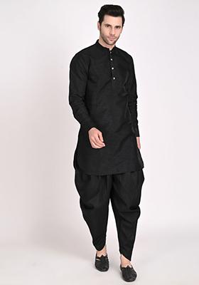 Black Solid Dupion Kurta Set For Men