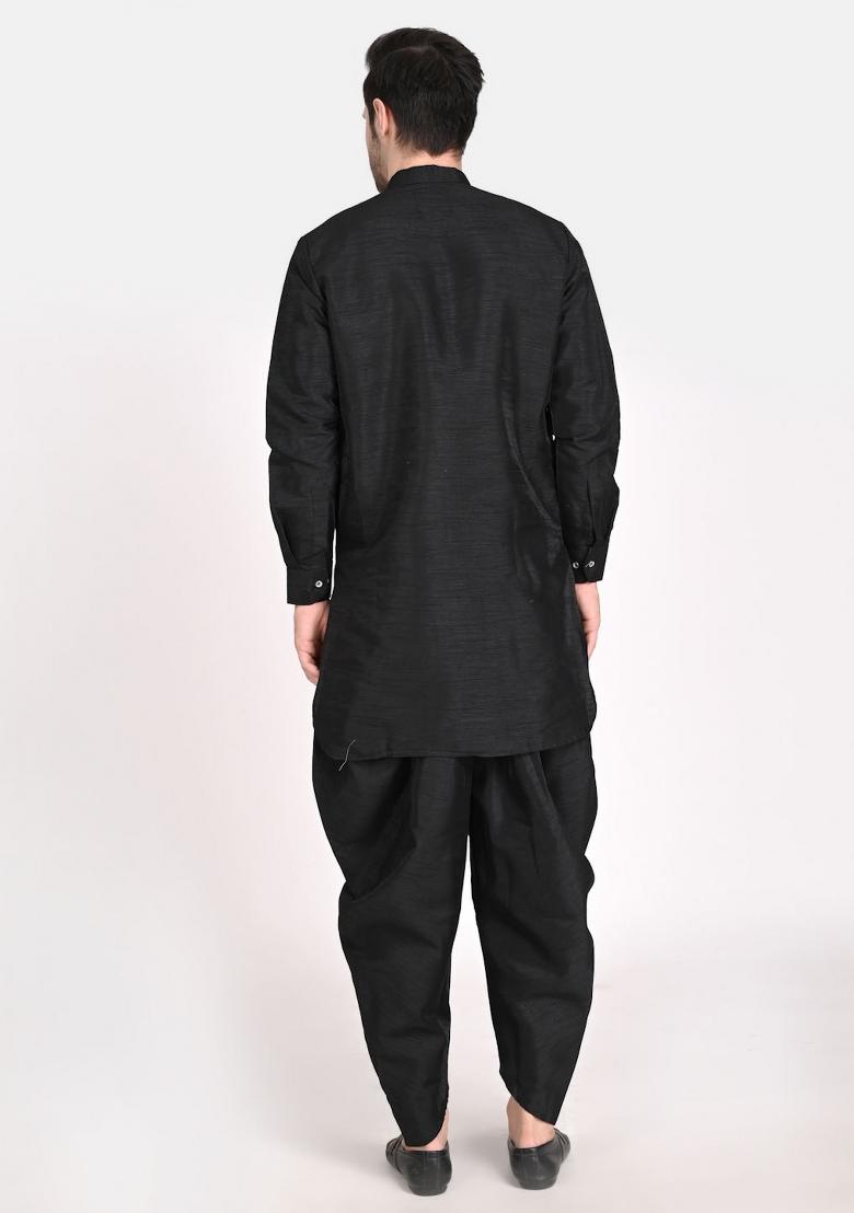 Black Solid Dupion Kurta Set For Men - Indya