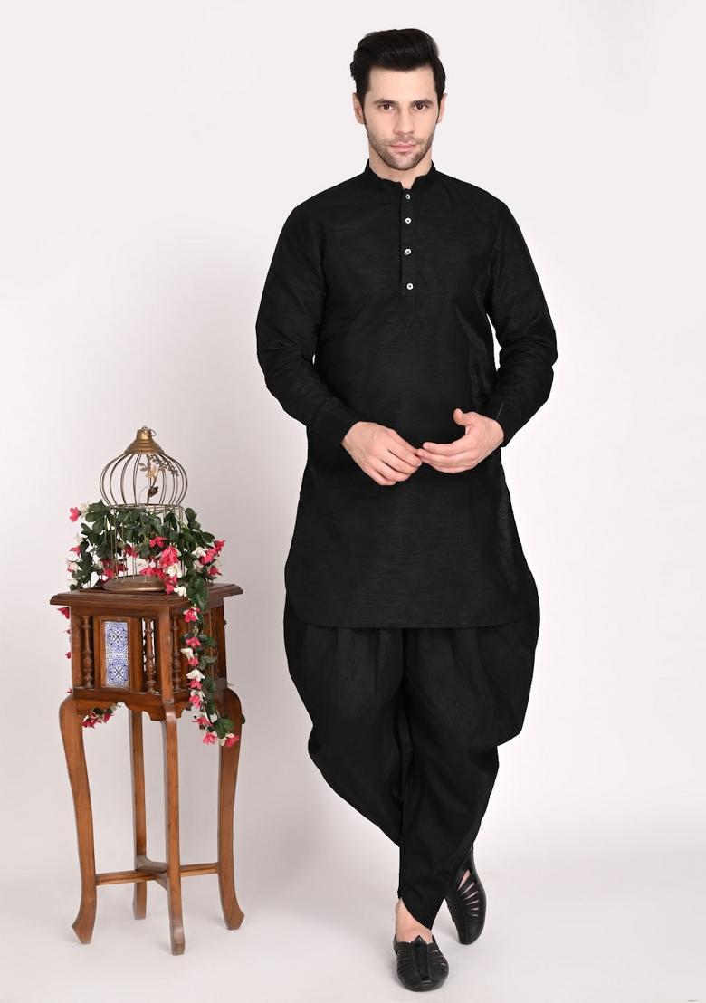 Black Solid Dupion Kurta Set For Men - Indya