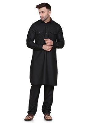 Black Solid Cotton Kurta Set For Men