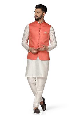 Peach Solid Poly Viscose Nehru Jacket Set For Men