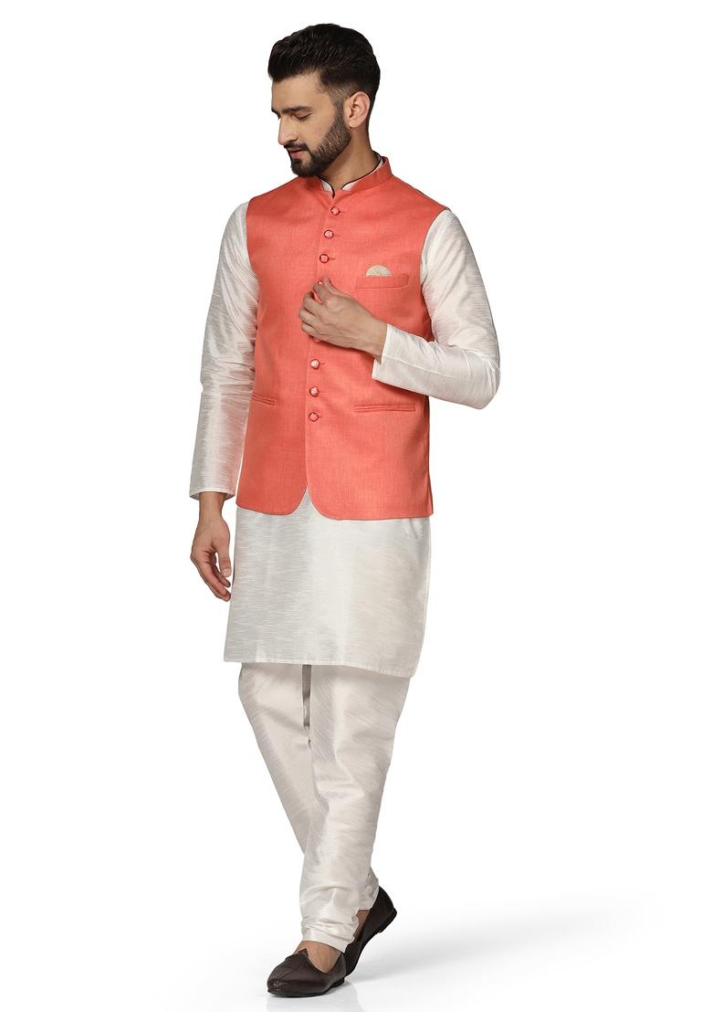 Peach Solid Poly Viscose Nehru Jacket Set For Men