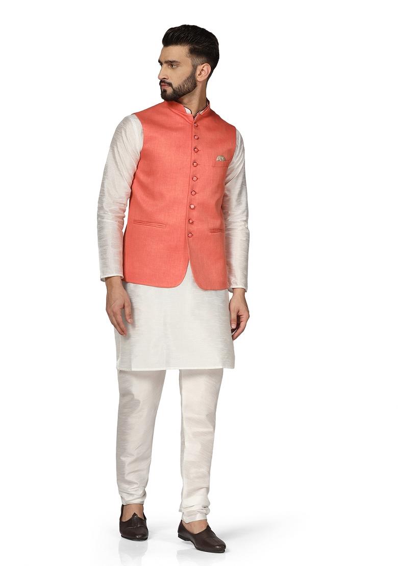 Peach Solid Poly Viscose Nehru Jacket Set For Men
