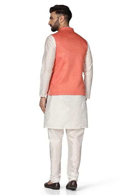 Peach Solid Poly Viscose Nehru Jacket Set For Men