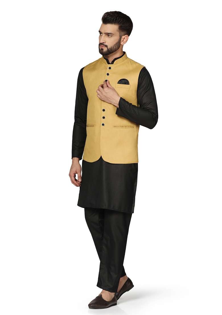 Golden Solid Poly Viscose Nehru Jacket Set For Men - Indya
