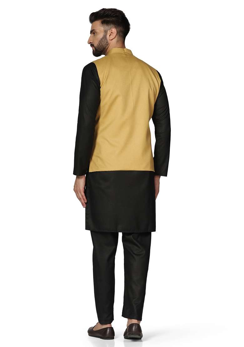 Golden Solid Poly Viscose Nehru Jacket Set For Men - Indya
