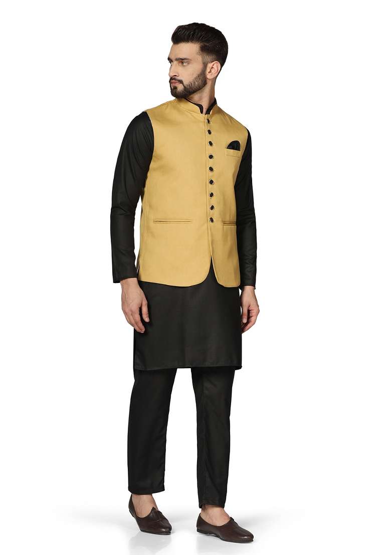 Golden Solid Poly Viscose Nehru Jacket Set For Men - Indya
