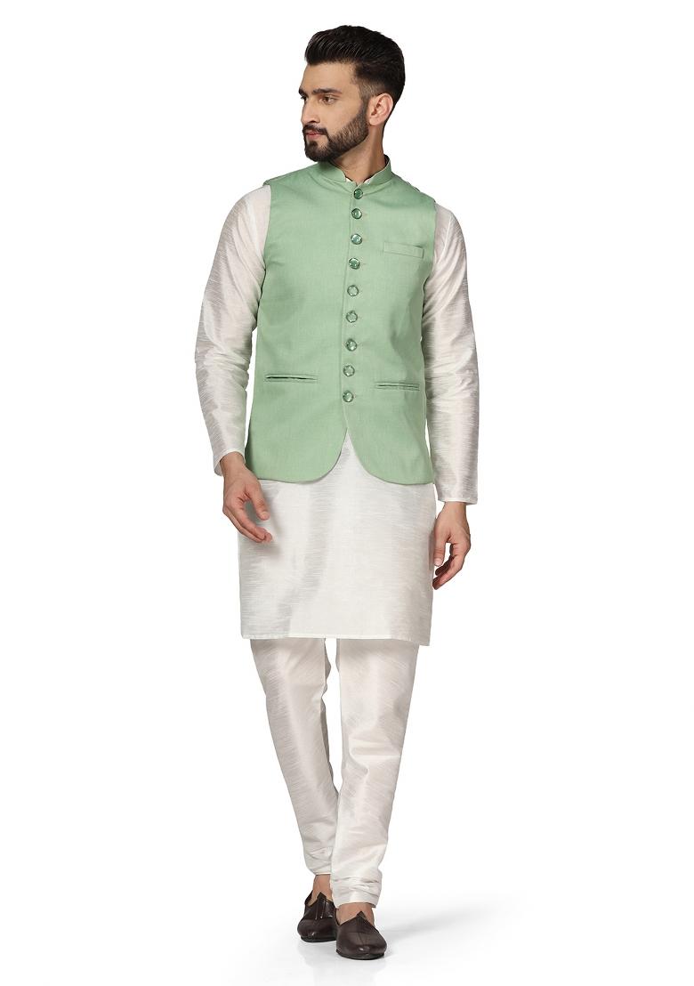 Green Solid Poly Viscose Nehru Jacket Set For Men
