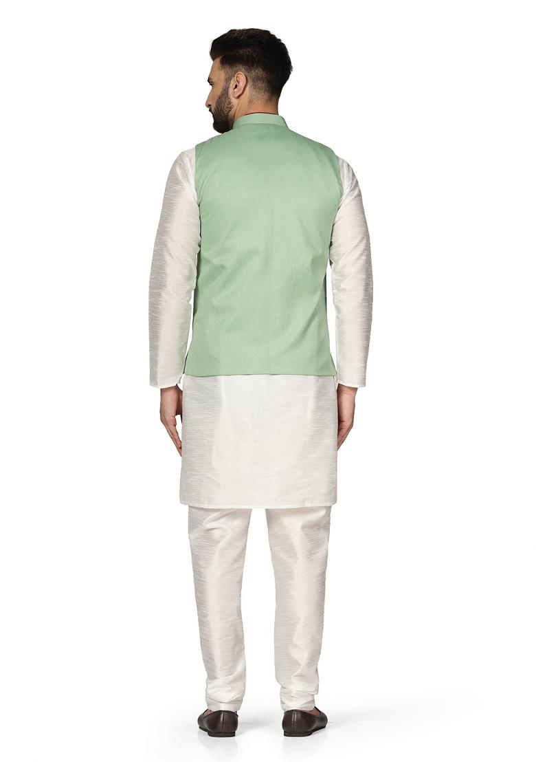 Green Solid Poly Viscose Nehru Jacket Set For Men