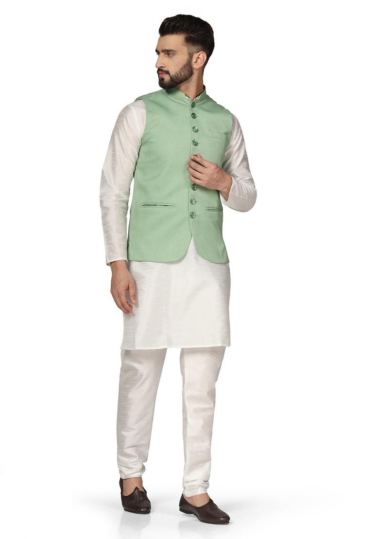 Green Solid Poly Viscose Nehru Jacket Set For Men